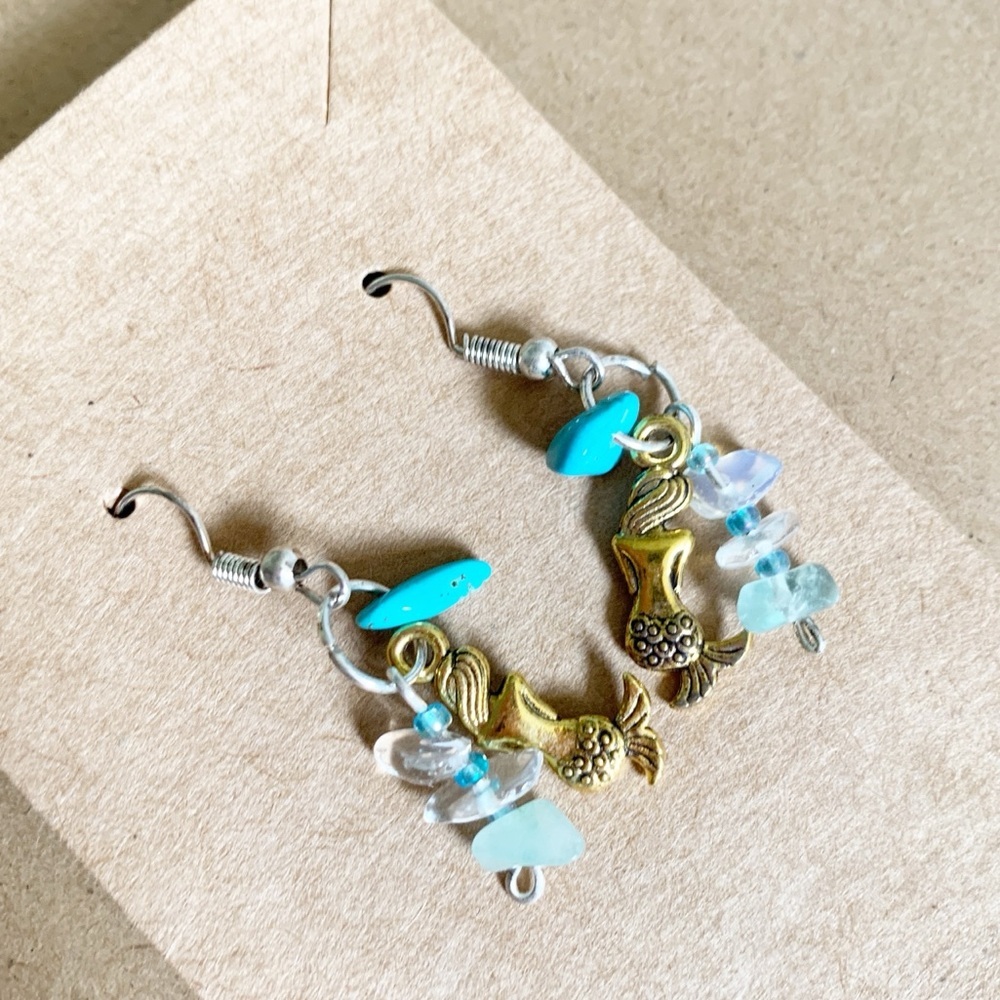 Elegant Gold and Blue Dangle Earrings with Mermaid and Delicate Bead Charms